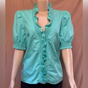 crown & ivy Aqua Ruffled V-Neck Puff Sleeve Blouse